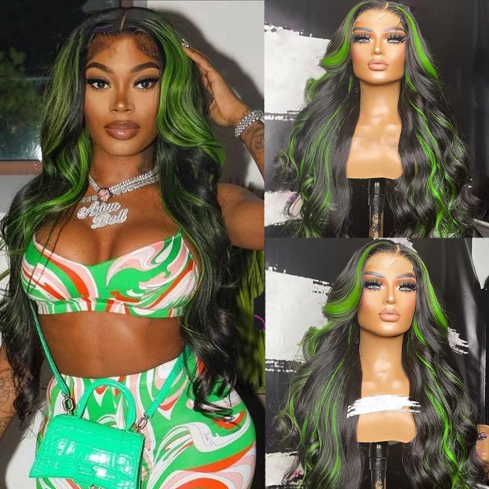 Pre Plucked Black and Green Highlight Body Wave Unit