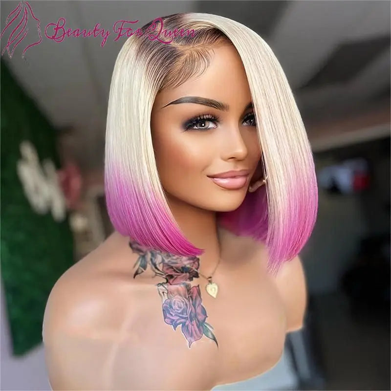 613 Honey Blonde Ombre Pink Straight Bob
