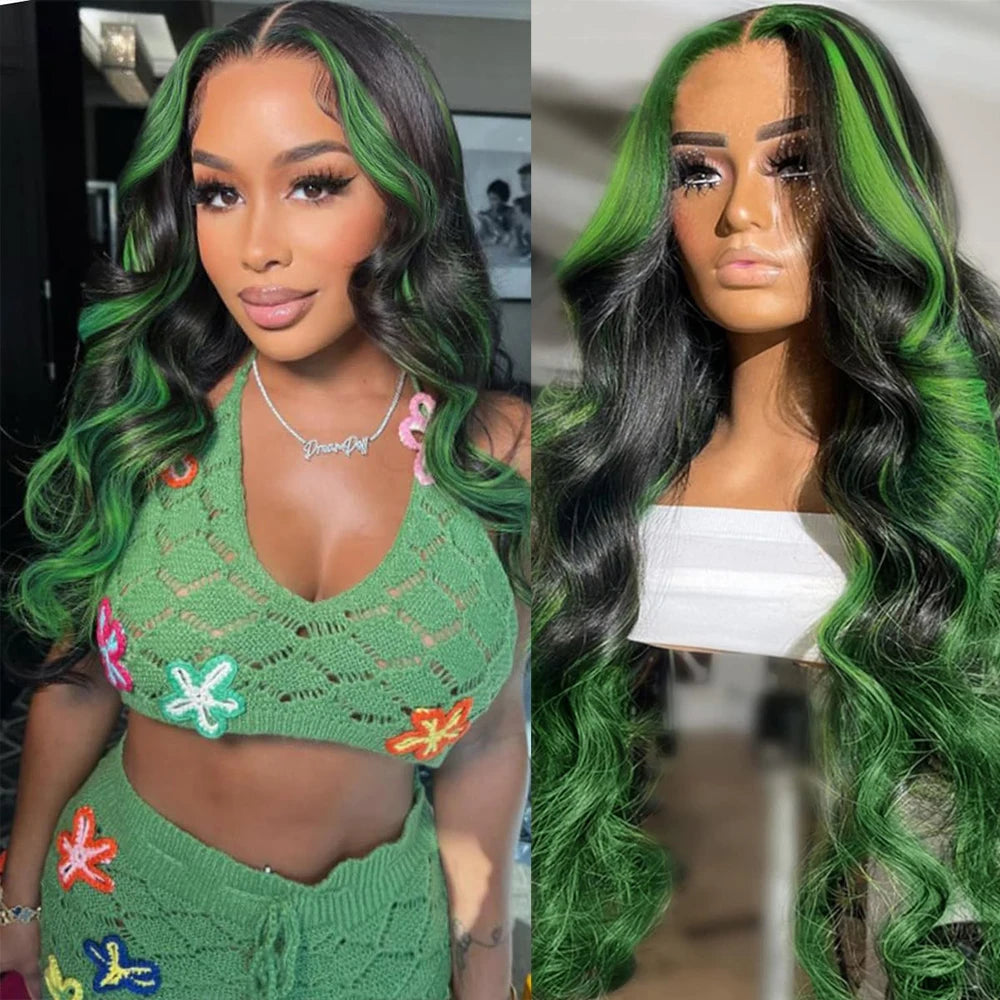 Pre Plucked Black and Green Highlight Body Wave Unit