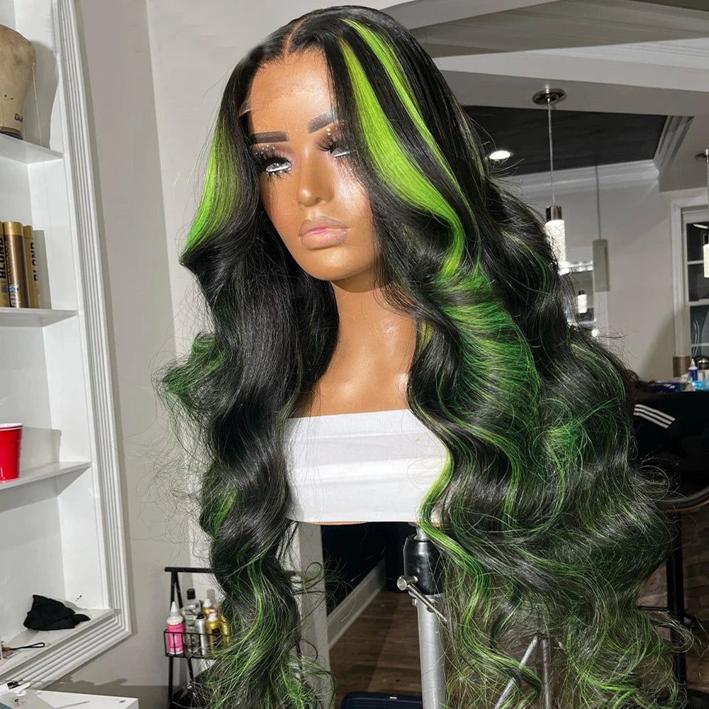 Pre Plucked Black and Green Highlight Body Wave Unit